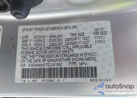 2016 Honda Cr-V Ex z USA, uszkodzony, nr VIN 5J6RM4H57GL041697